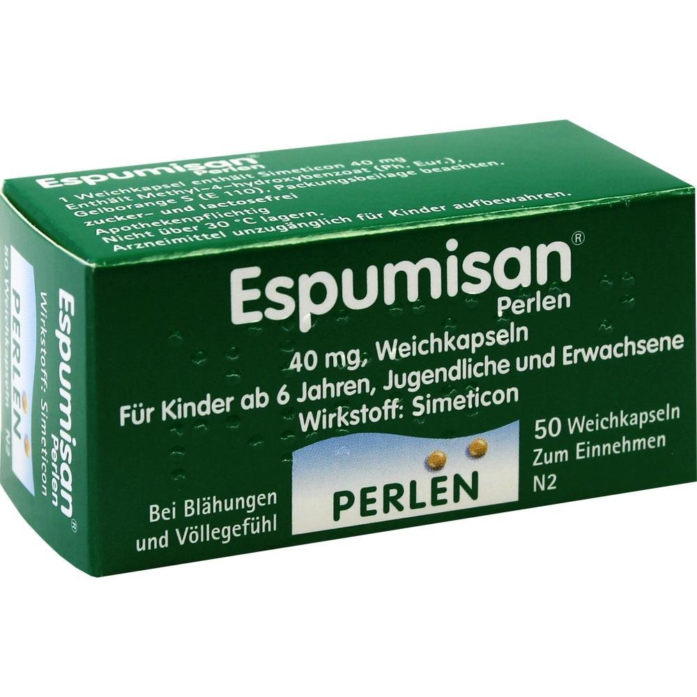 Gr&uuml;ne Verpackung von Espumisan Weichkapseln gegen Bl&auml;hungen, f&uuml;r Kinder ab 6 Jahren.