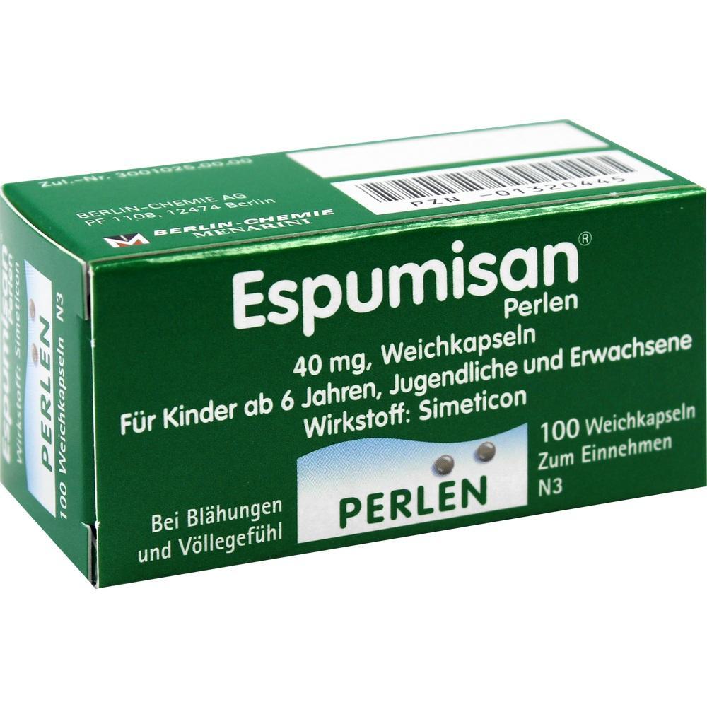 Eine Packung Espumisan-Perlen gegen Blähungen und Völlegefühl.