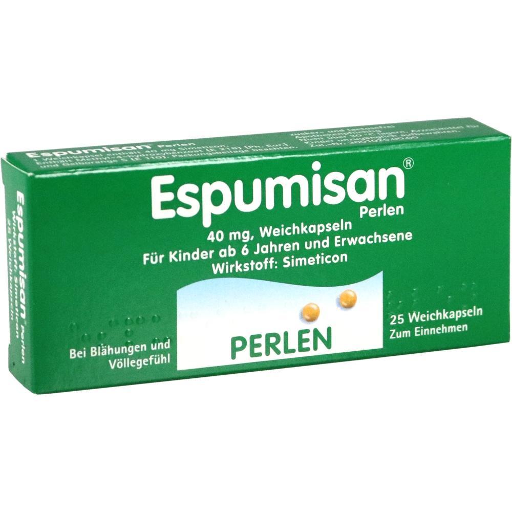 Grüne Verpackung mit der Aufschrift "Espumisan" für Weichkapseln gegen Blähungen.