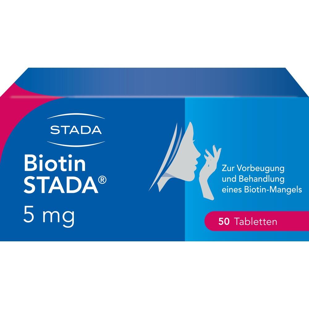 Verpackung von Biotin STADA Tabletten zur Vorbeugung und Behandlung von Biotin-Mangel.