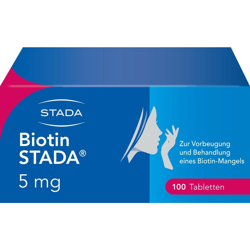 Blaue Schachtel für Biotin-Tabletten zur Behandlung von Biotin-Mangel.