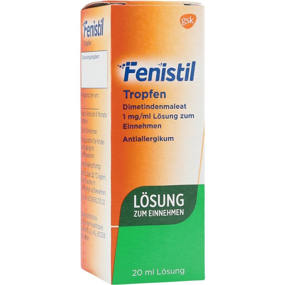 Orange Packung Fenistil Tropfen, ein Antiallergikum zum Einnehmen.