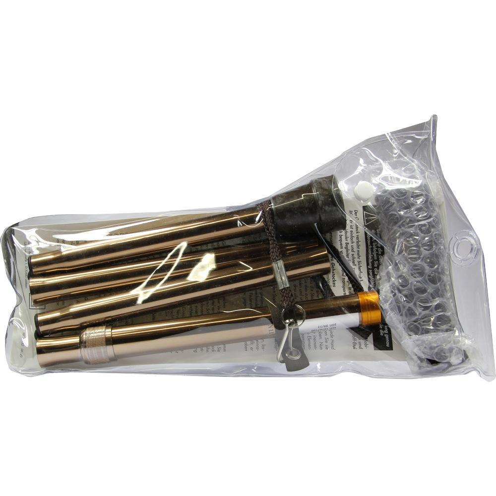 Ein zusammenklappbarer Spazierstock in einer durchsichtigen Verpackung.