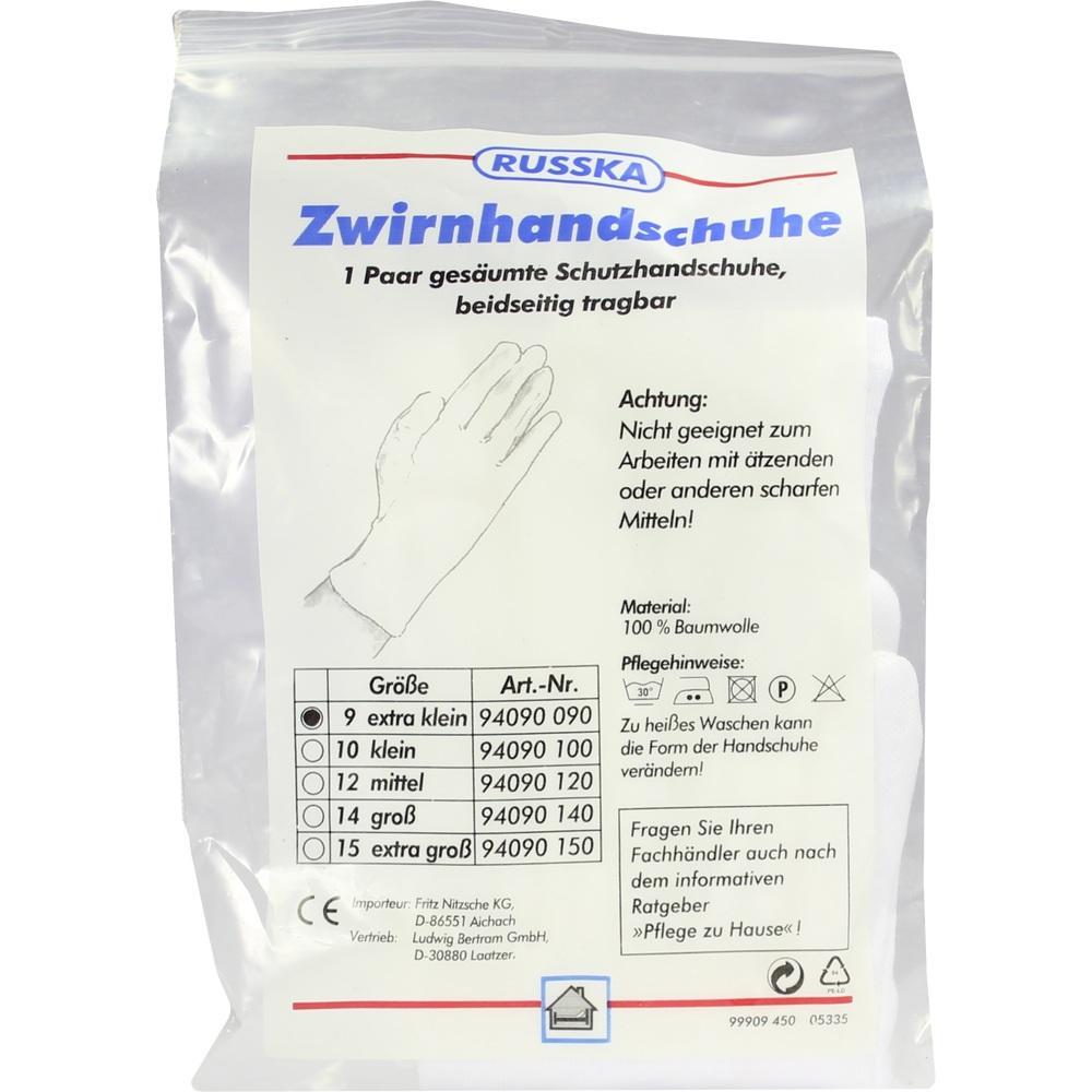 Verpackung mit Zwirnhandschuhen aus Baumwolle in verschiedenen Größen.
