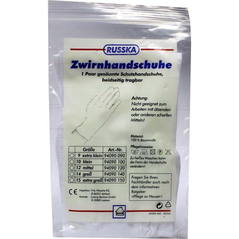 Plastiktüte mit einem Paar Zwirnhandschuhe aus Baumwolle in verschiedenen Größen.