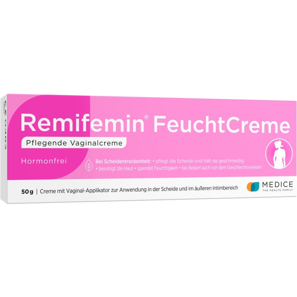 Die Verpackung zeigt eine hormonfreie pflegende Vaginalcreme namens Remifemin FeuchtCreme.