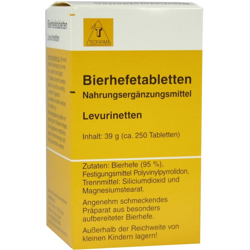 Gelbe Schachtel mit der Aufschrift "Bierhefetabletten" als Nahrungserg&auml;nzungsmittel.