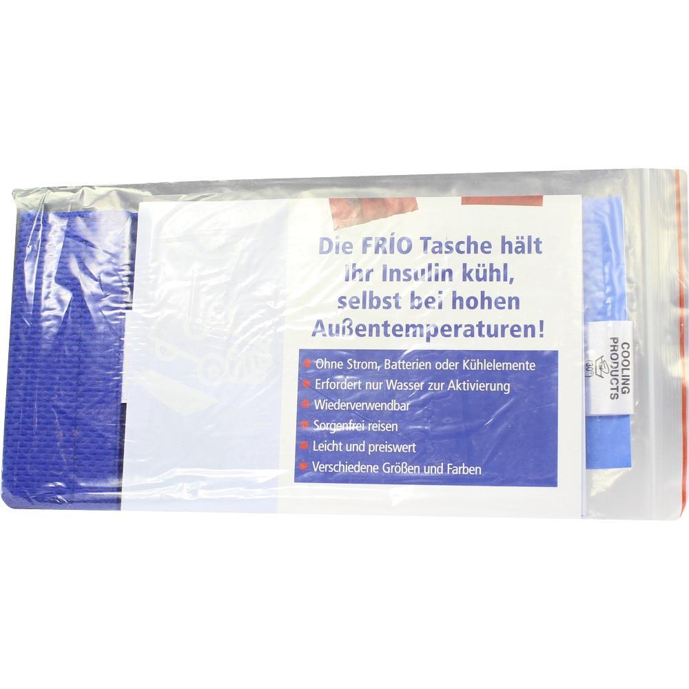 Verpackung einer blauen FRÍO-Tasche, die Insulin ohne Strom kühl hält.