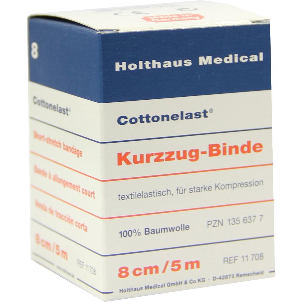 Eine Packung mit einer elastischen Kurzzug-Binde aus Baumwolle.