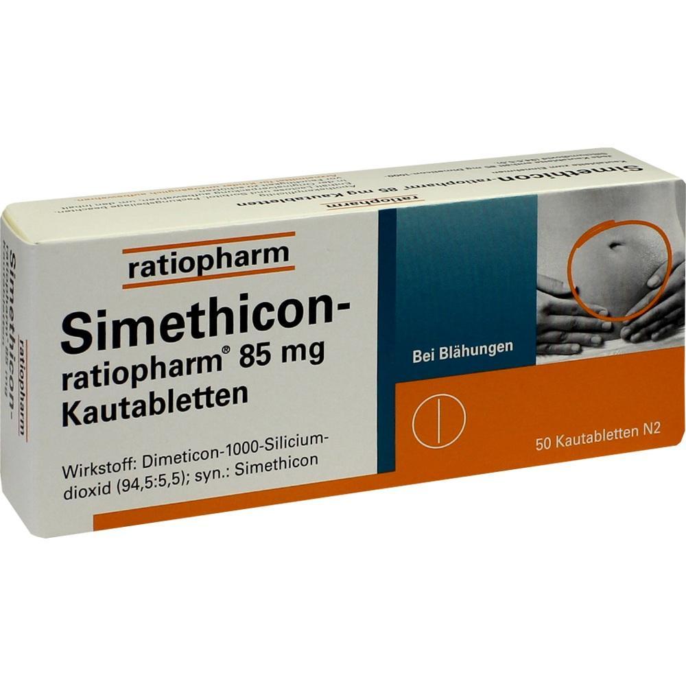 Packung von Kautabletten "Simethicon-ratiopharm" gegen Blähungen.