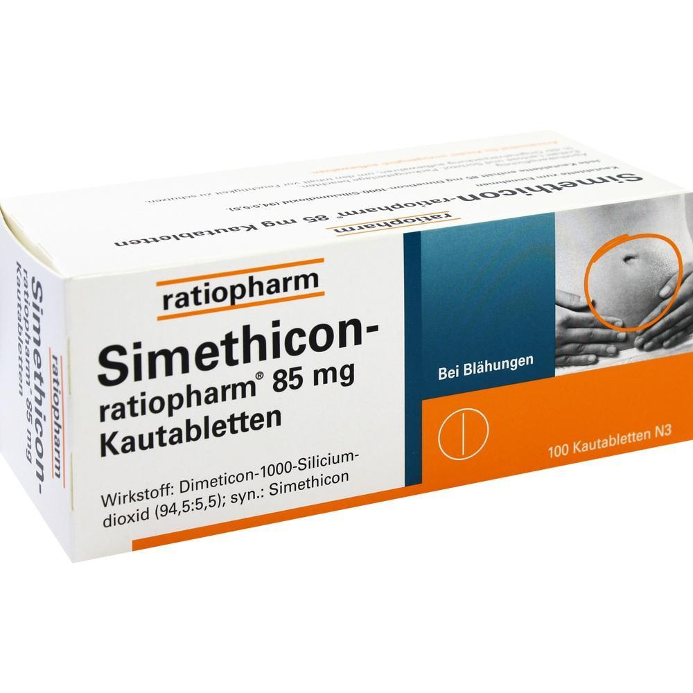 Verpackung von Simethicon Kautabletten gegen Blähungen, 100 Stück.