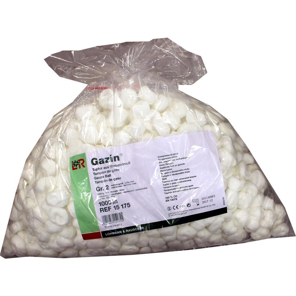 Eine Plastiktüte voller weißer Mullbinden mit Etikett vorne.