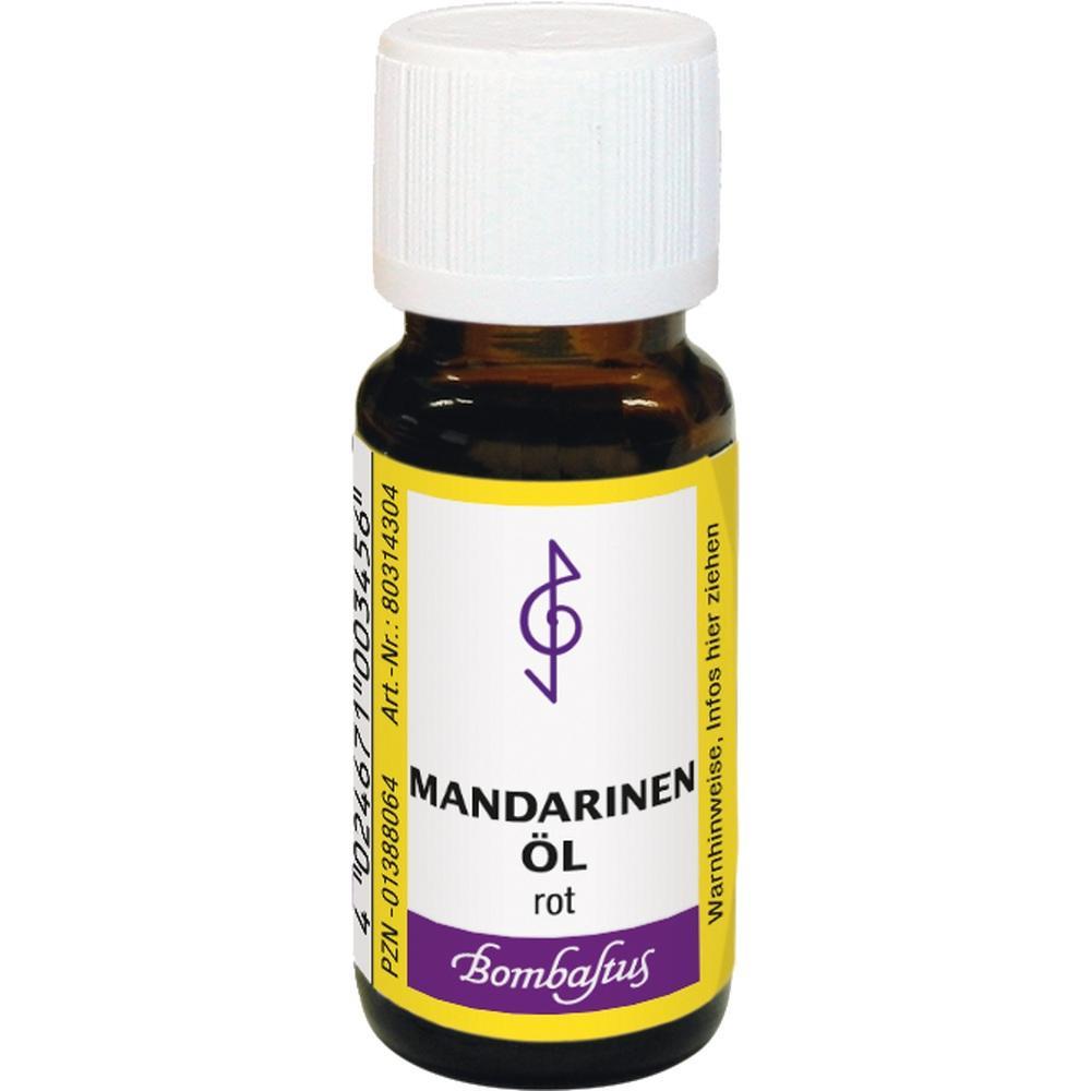 Braunes Fläschchen mit weißem Etikett und der Aufschrift "Mandarinen Öl rot".