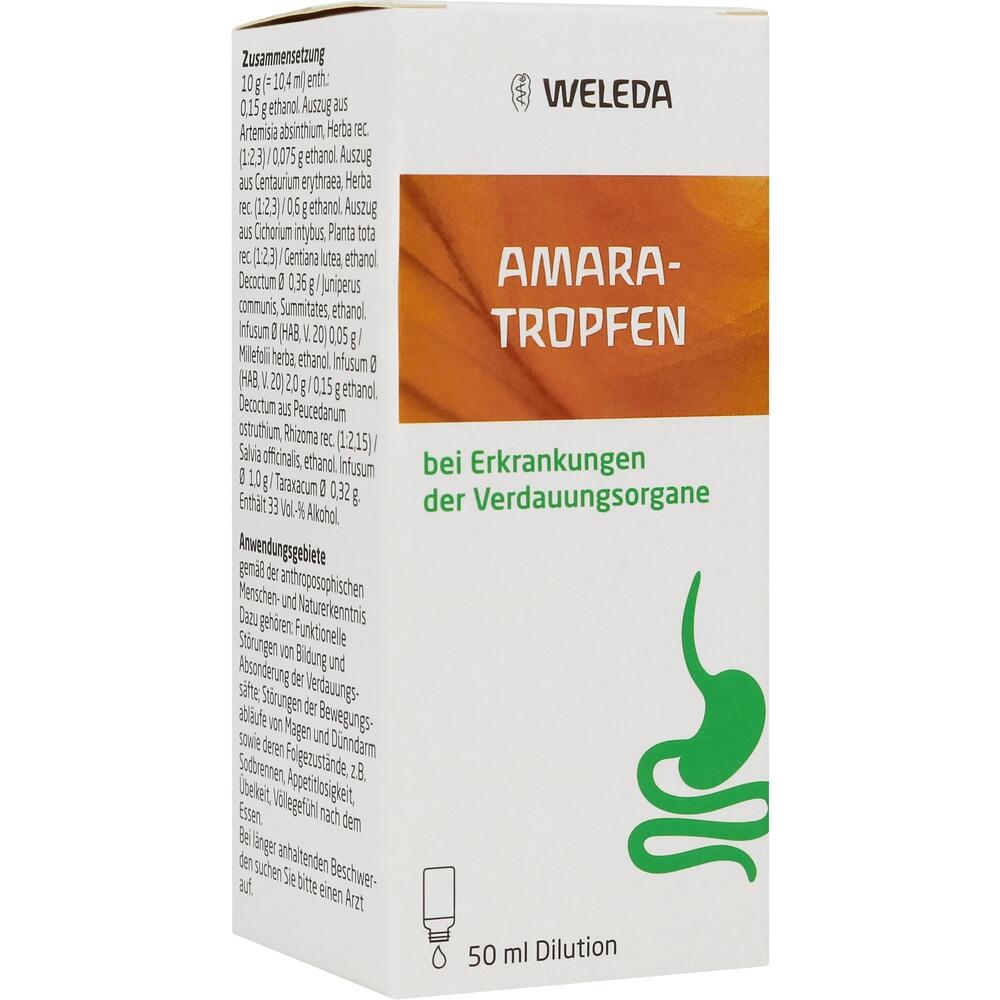 Weiße Verpackung von Weleda Amara-Tropfen für Verdauungsprobleme.