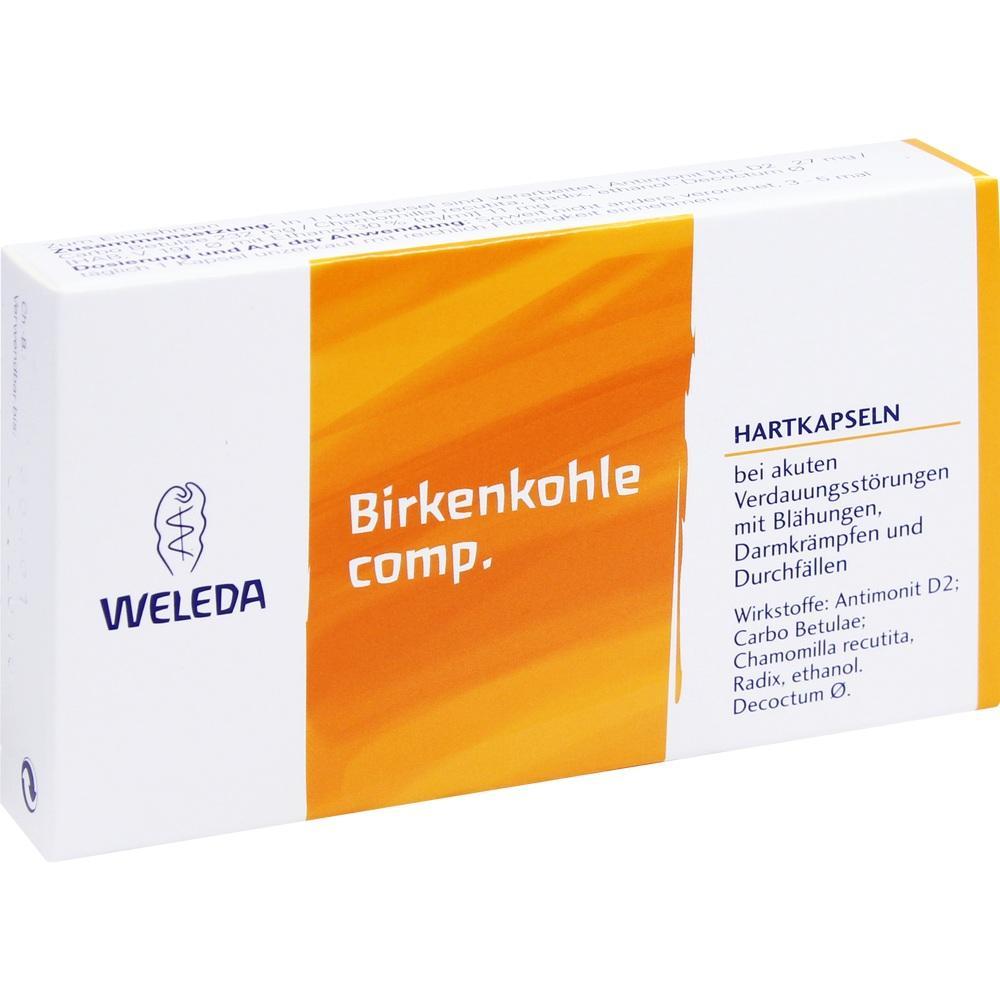 Eine Packung mit Birkenkohle Kapseln gegen Verdauungsstörungen.