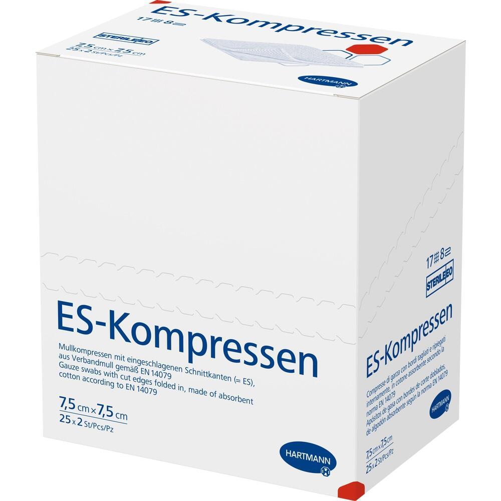 Weiße Box mit blauer Aufschrift "ES-Kompressen" für sterile Mullkompressen.