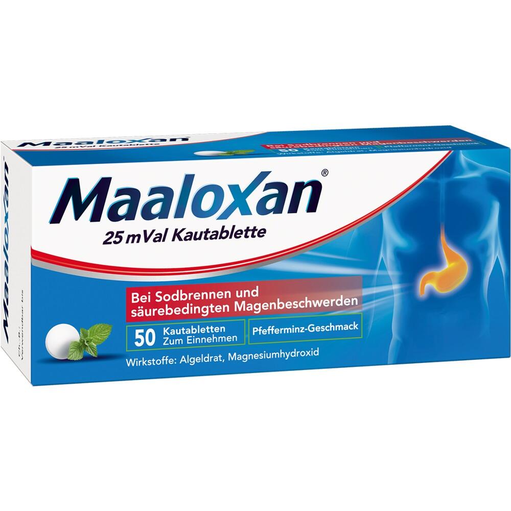 Verpackung von Maaloxan Kautabletten gegen Sodbrennen mit Pfefferminzgeschmack.