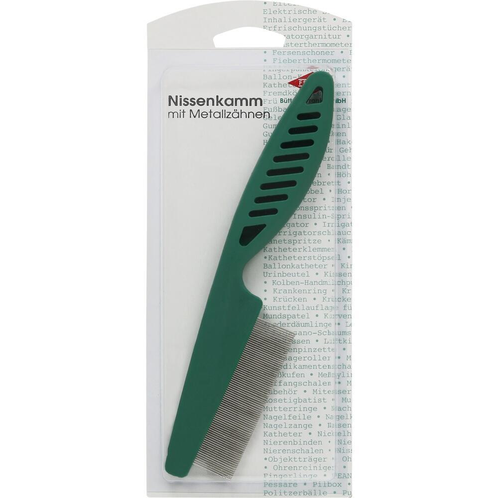 Ein gr&uuml;ner Nissenkamm mit Metallz&auml;hnen in einer Verpackung.