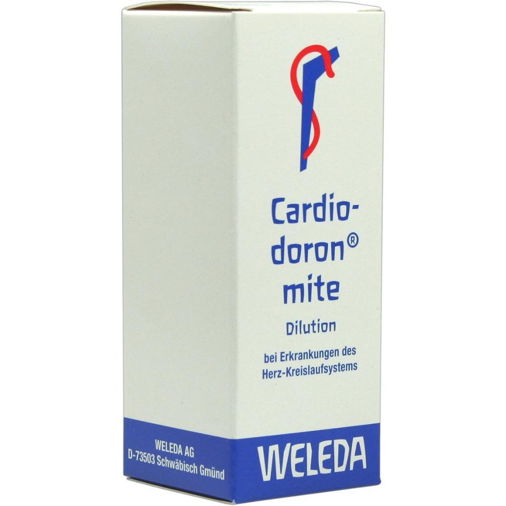 Weiße Verpackung mit blauem Text "Cardiodoron mite" von Weleda für Herz-Kreislauf-Erkrankungen.