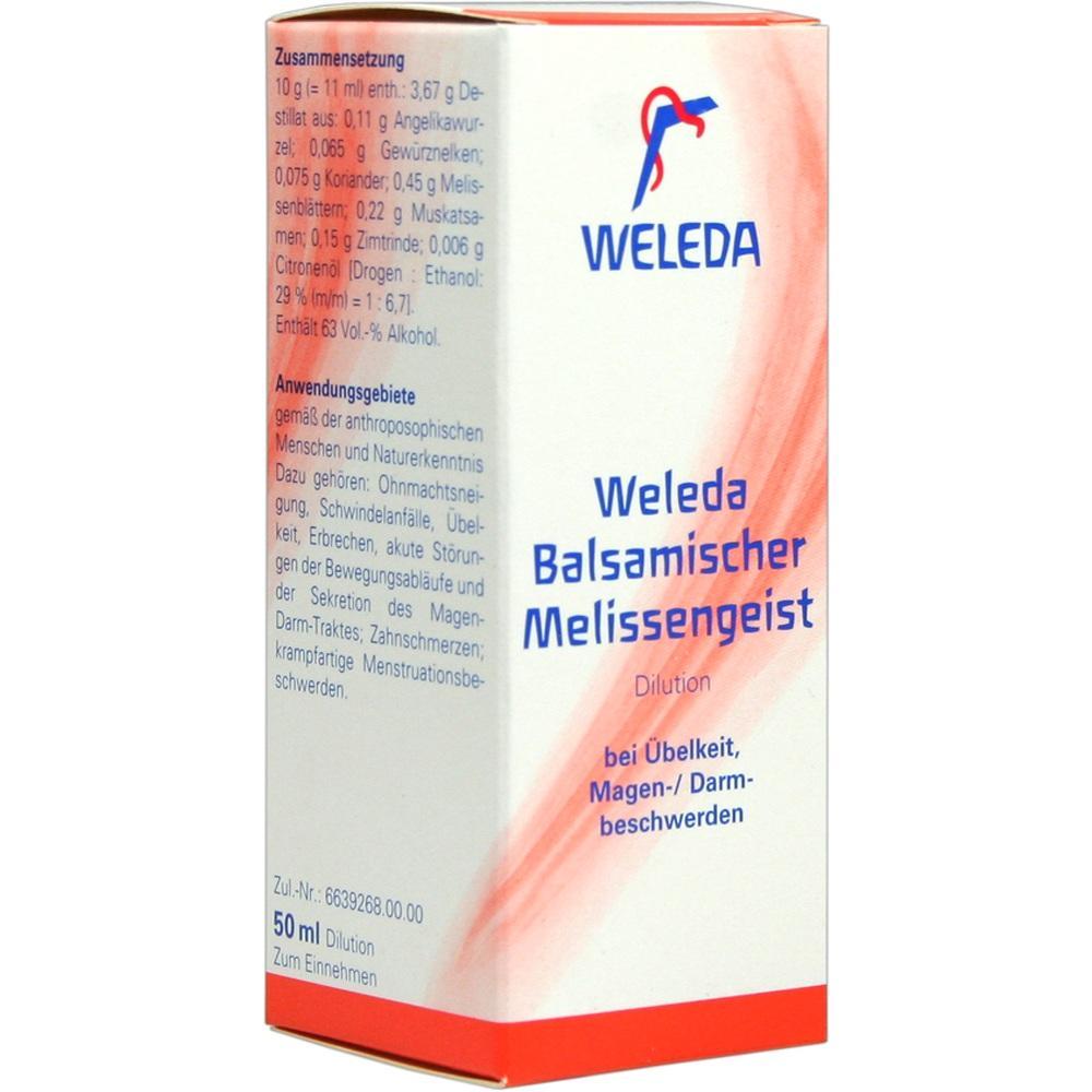 Eine Verpackung von Weleda Balsamischer Melissengeist für Magen-Darm-Beschwerden.