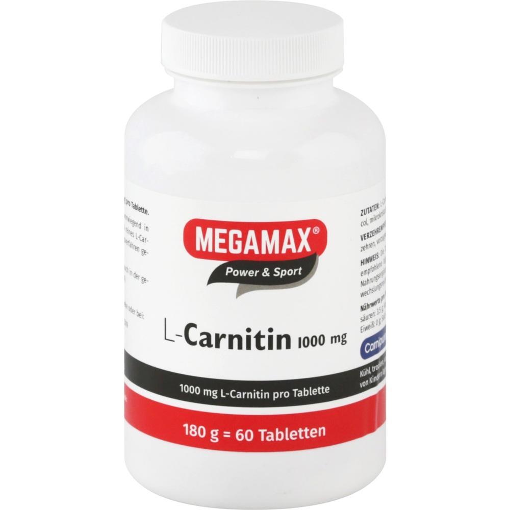 Weißes Tablettenbehälter mit "MEGAMAX L-Carnitin 1000 mg" Aufschrift.