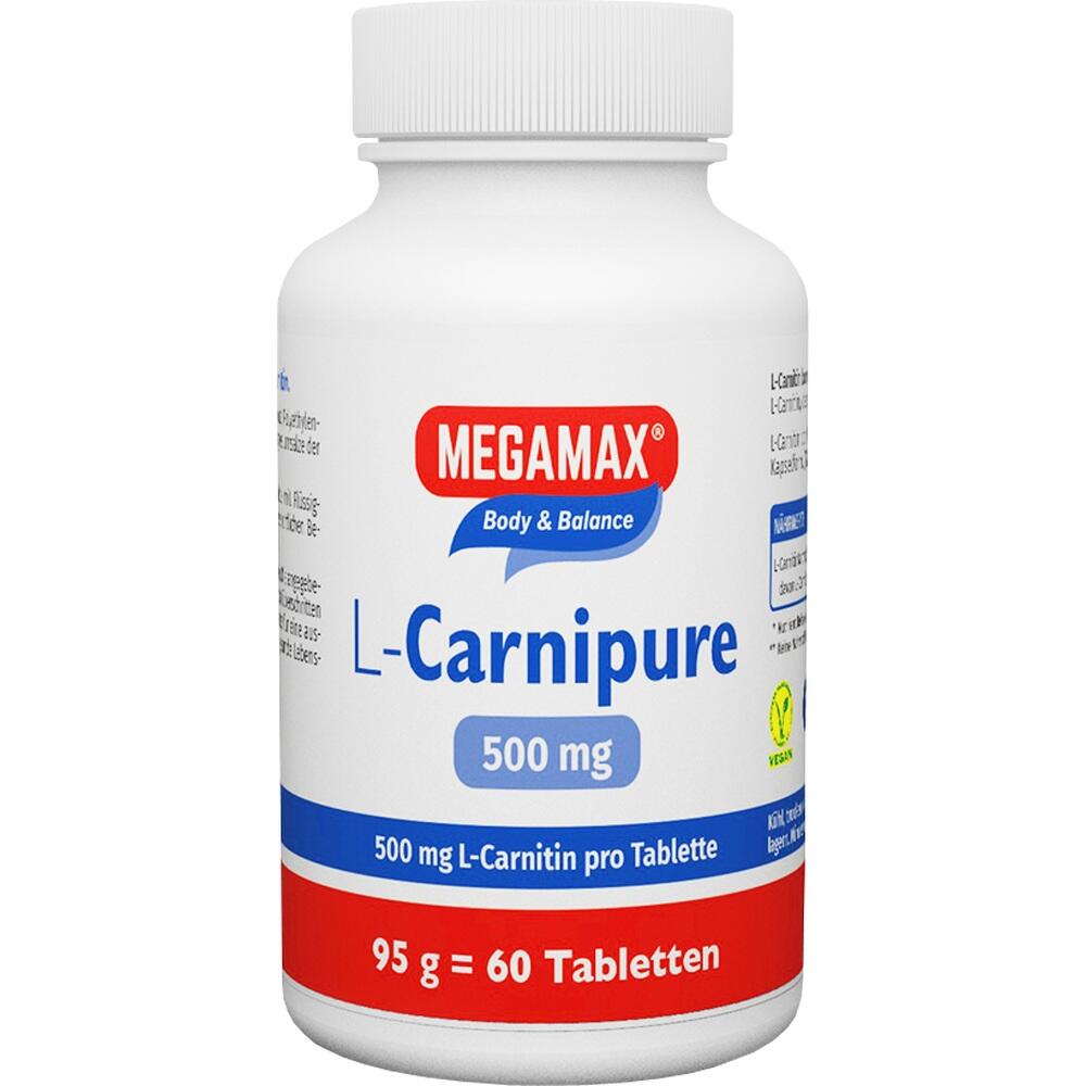 Weiße Flasche mit L-Carnitin-Tabletten von Megamax, 500 mg, 95 g, vegan.