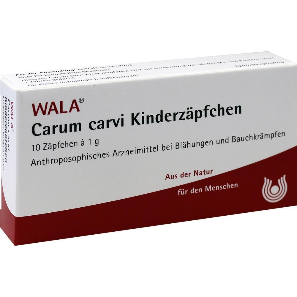 Packung mit Carum-carvi-Kinderzäpfchen gegen Blähungen und Bauchkrämpfe.