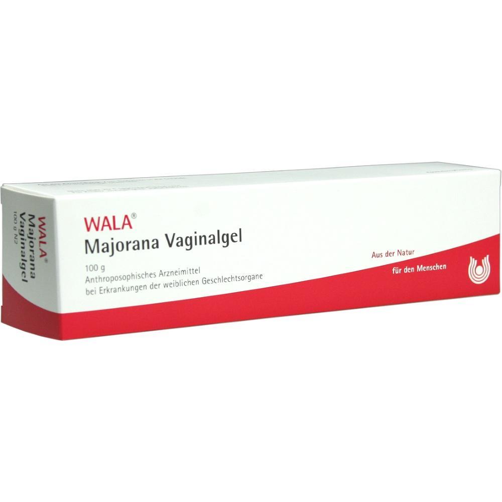 Wei&szlig;e Kartonverpackung mit rotem Design und der Aufschrift "Majorana Vaginalgel".