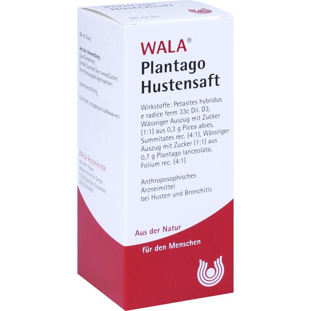 Weiße und rote Packung von WALA Plantago Hustensaft mit Textdetails.