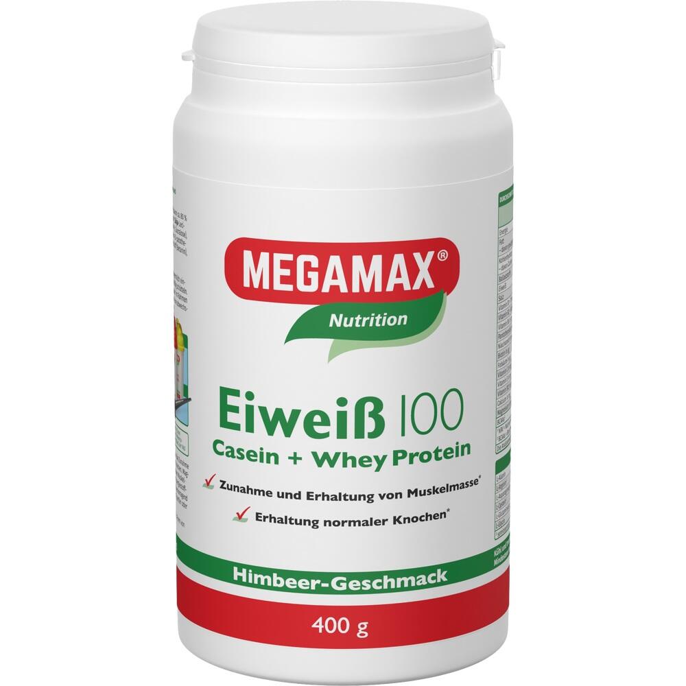 Weiße Dose mit Eiweißpulver, Geschmack Himbeere, 400 g von Megamax.