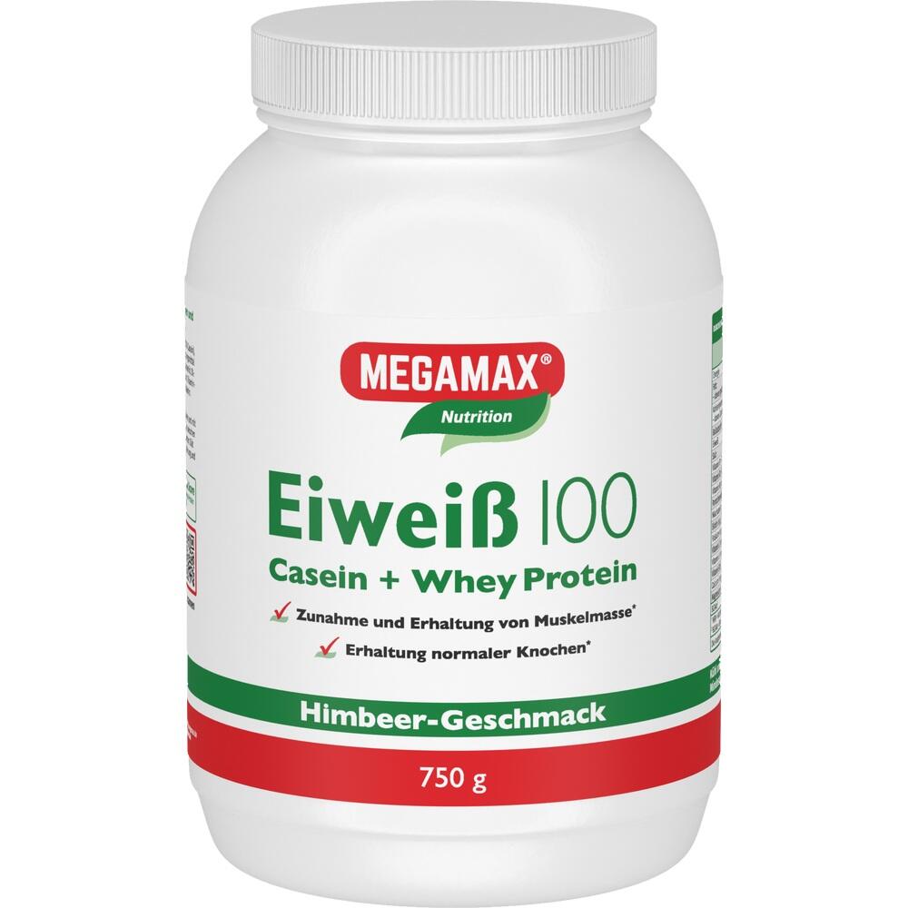 Eine Dose Megamax Eiweißpulver mit Himbeergeschmack.