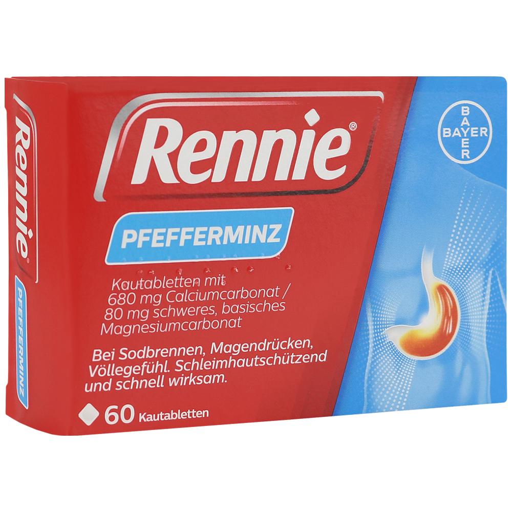 Rote Verpackung von Rennie-Pfefferminz-Tabletten gegen Magenbeschwerden.
