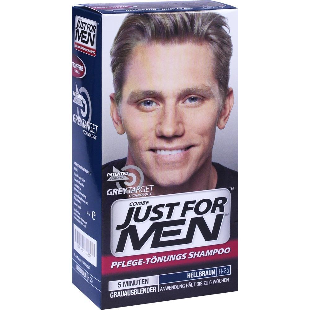 Eine Verpackung von Just For Men Pflege-Tönungs-Shampoo für hellbraunes Haar.