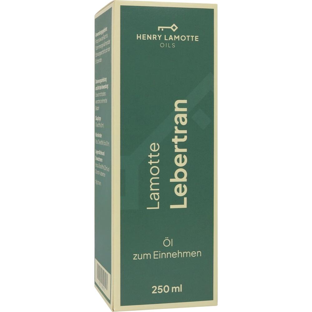 Wei&szlig;e Packung mit blauer Aufschrift "Lamotte Lebertran" und Fischabbildung.