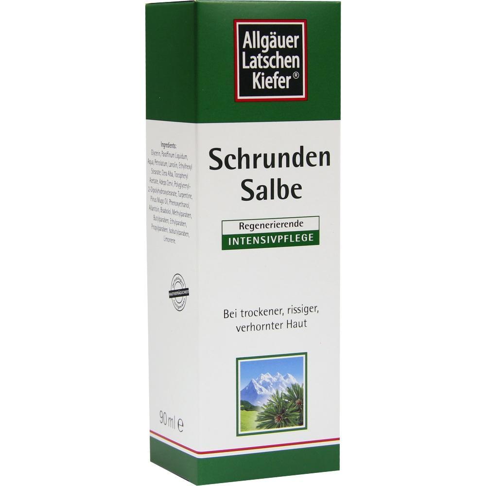 Wei&szlig;e Schachtel mit gr&uuml;ner Aufschrift: "Schrunden Salbe" f&uuml;r trockene, rissige Haut.