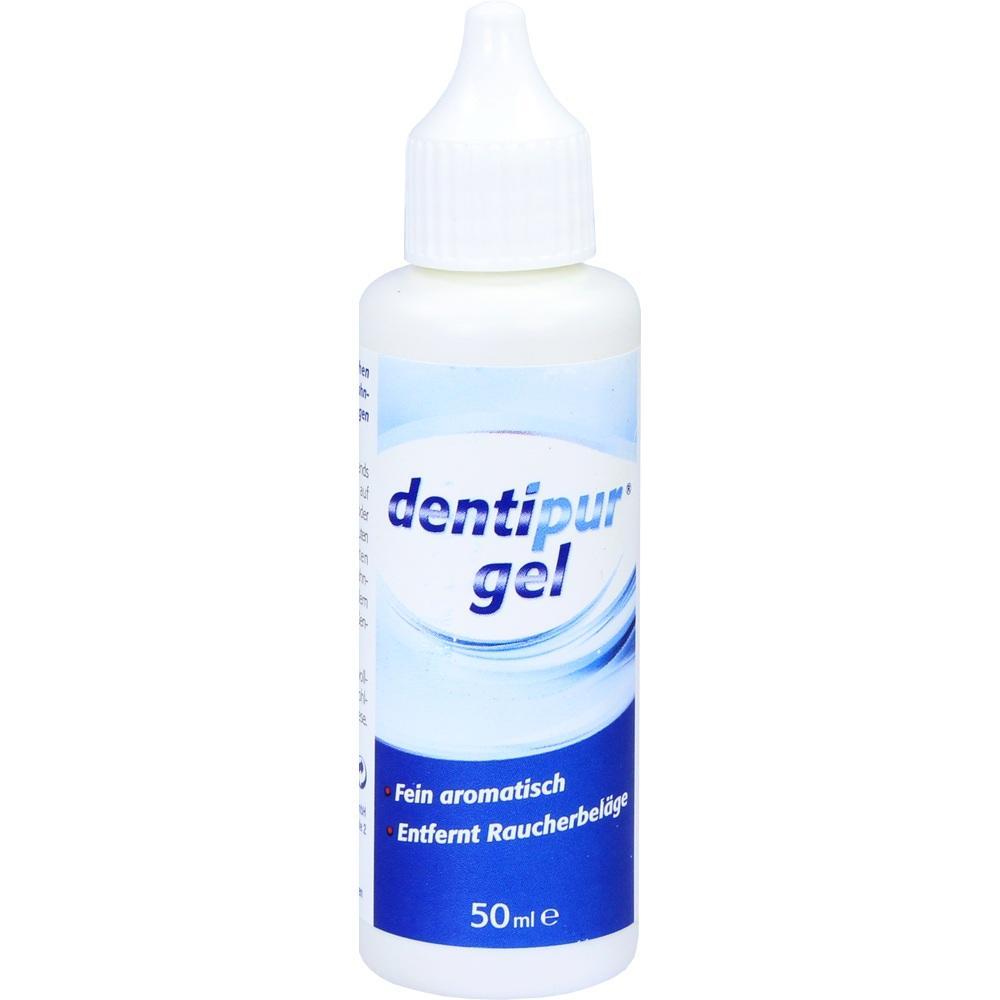 Weiße Flasche mit blauer Aufschrift "dentipur gel", entfernt Raucherbeläge, 50 ml.