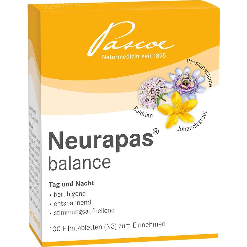 Eine Verpackung von Neurapas balance zeigt Pflanzen und den Schriftzug "beruhigend, entspannend".