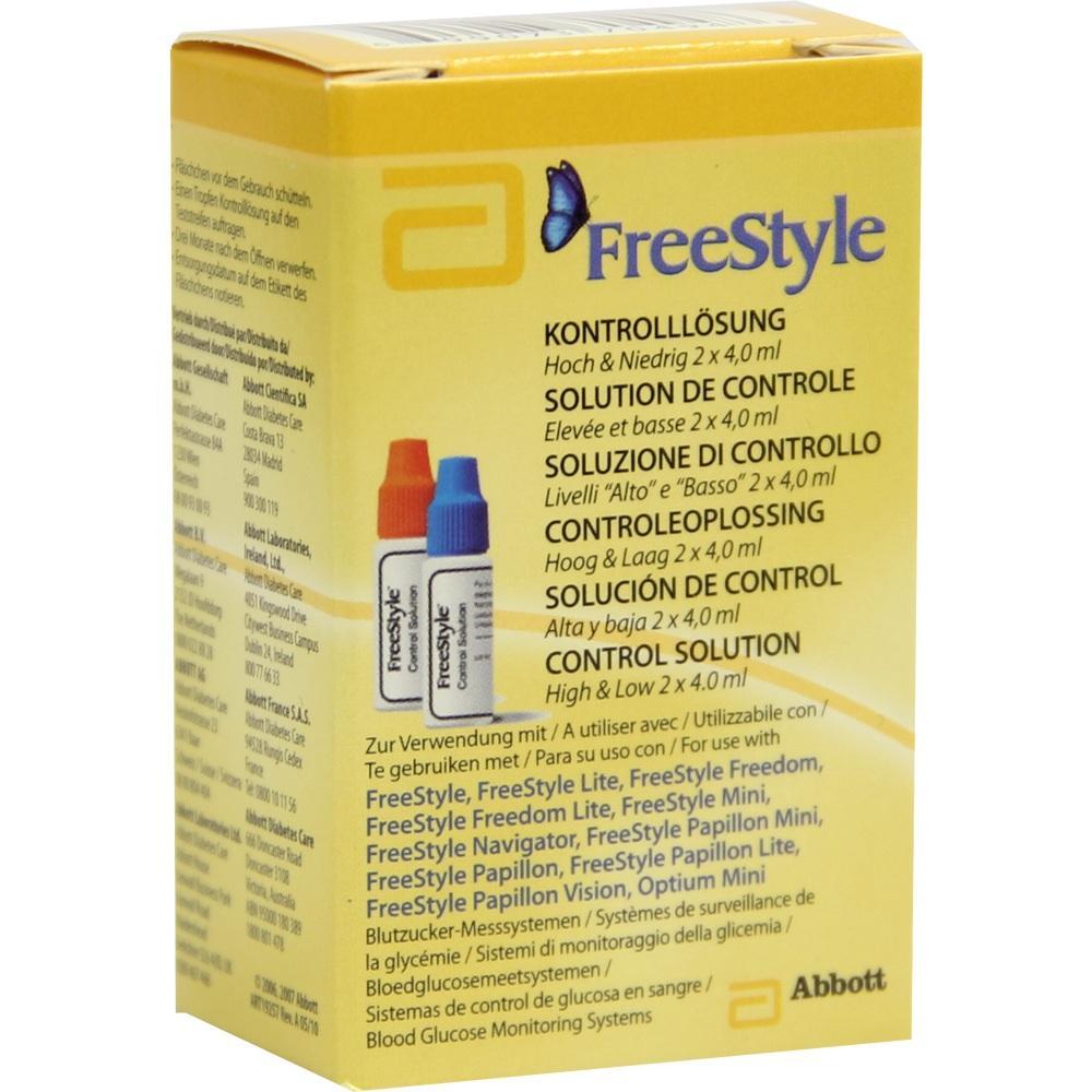 Gelbe Verpackung mit zwei Flüssigkeitsfläschchen und der Aufschrift "FreeStyle Kontrolllösung".