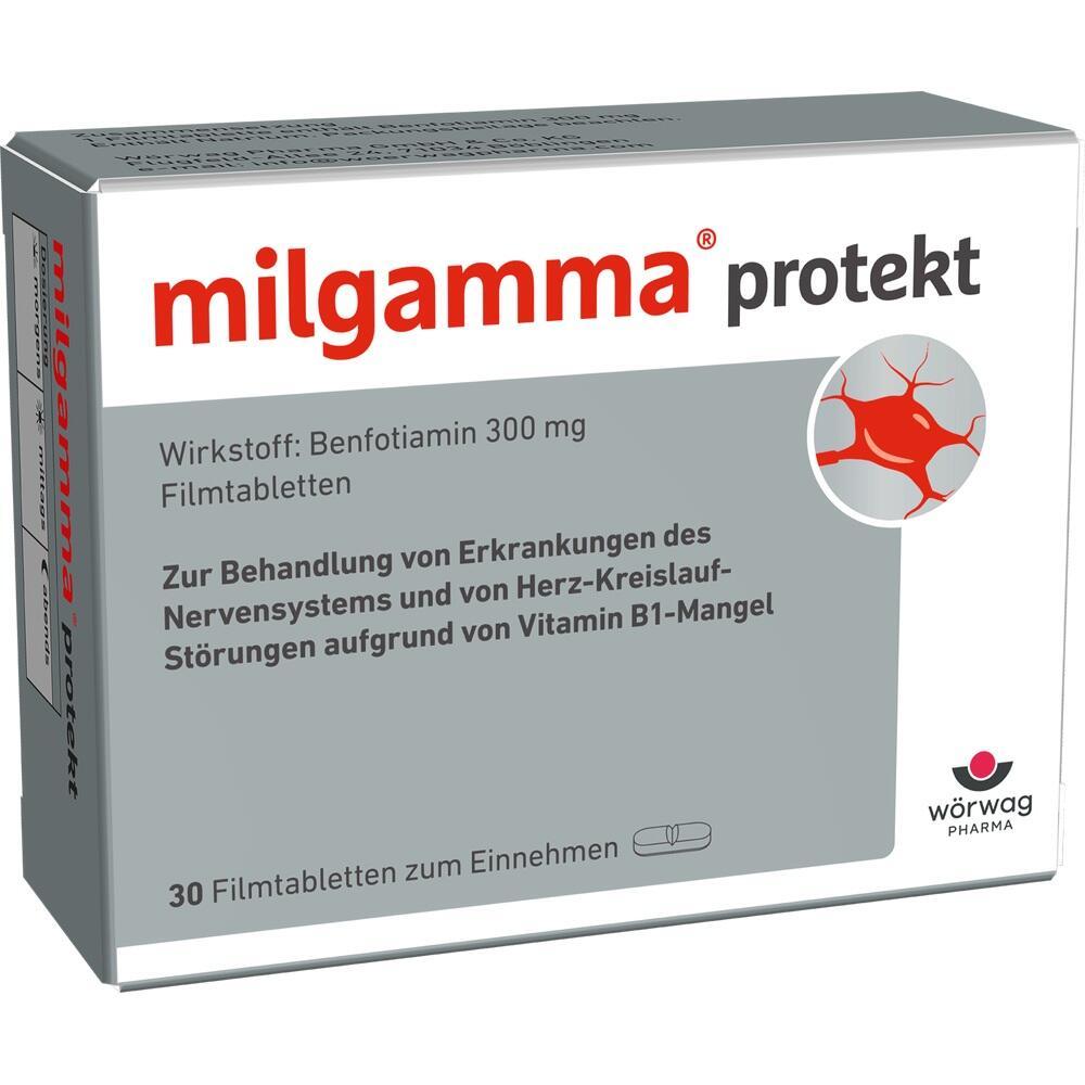 Graue Medikamentenschachtel mit der Aufschrift "milgamma protekt".