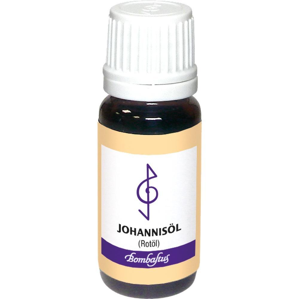Braunes Fläschchen mit weißem Etikett und Aufschrift "Johannisöl (Rotöl)".