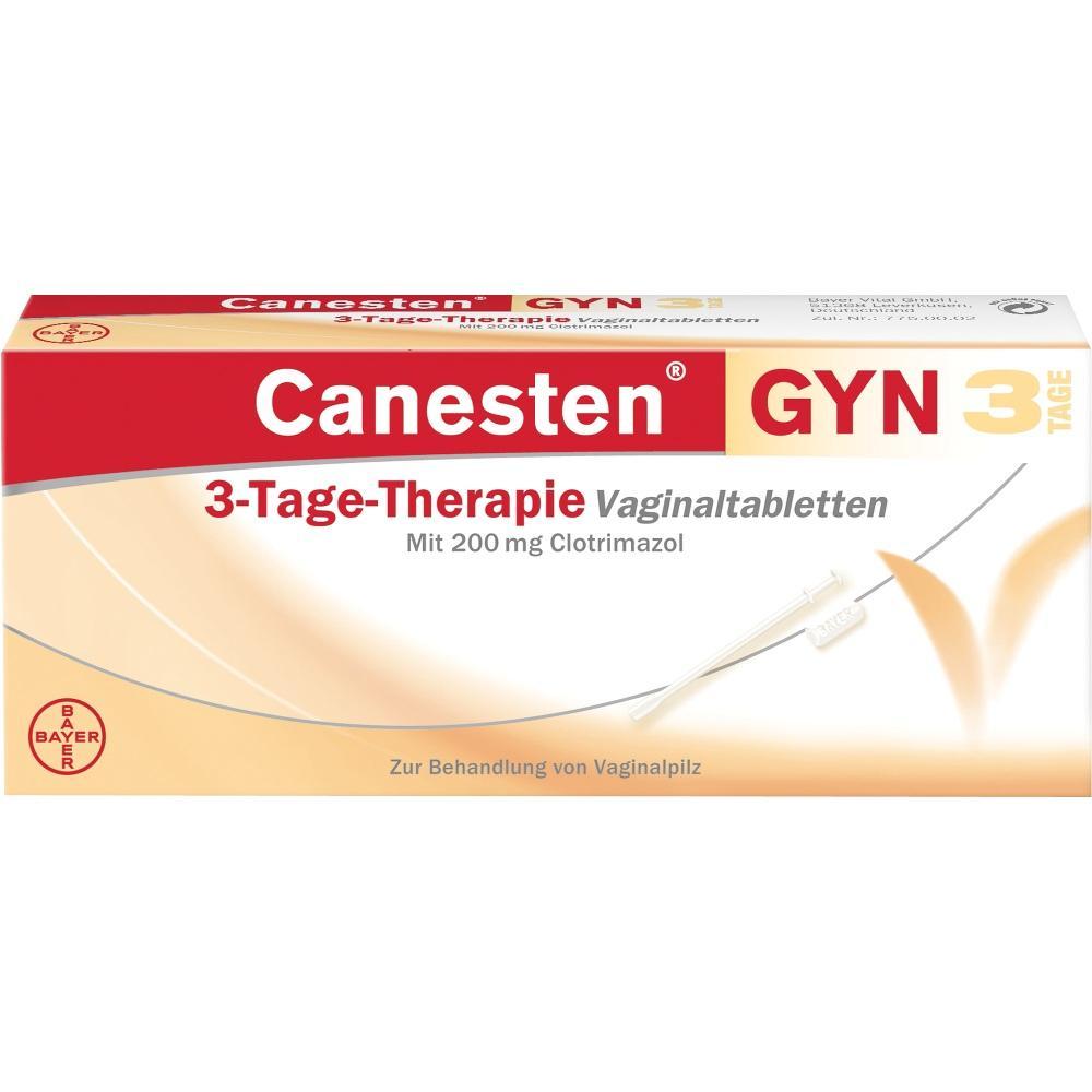 Packung von Canesten 3-Tage-Therapie Vaginaltabletten zur Behandlung von Pilzinfektionen.