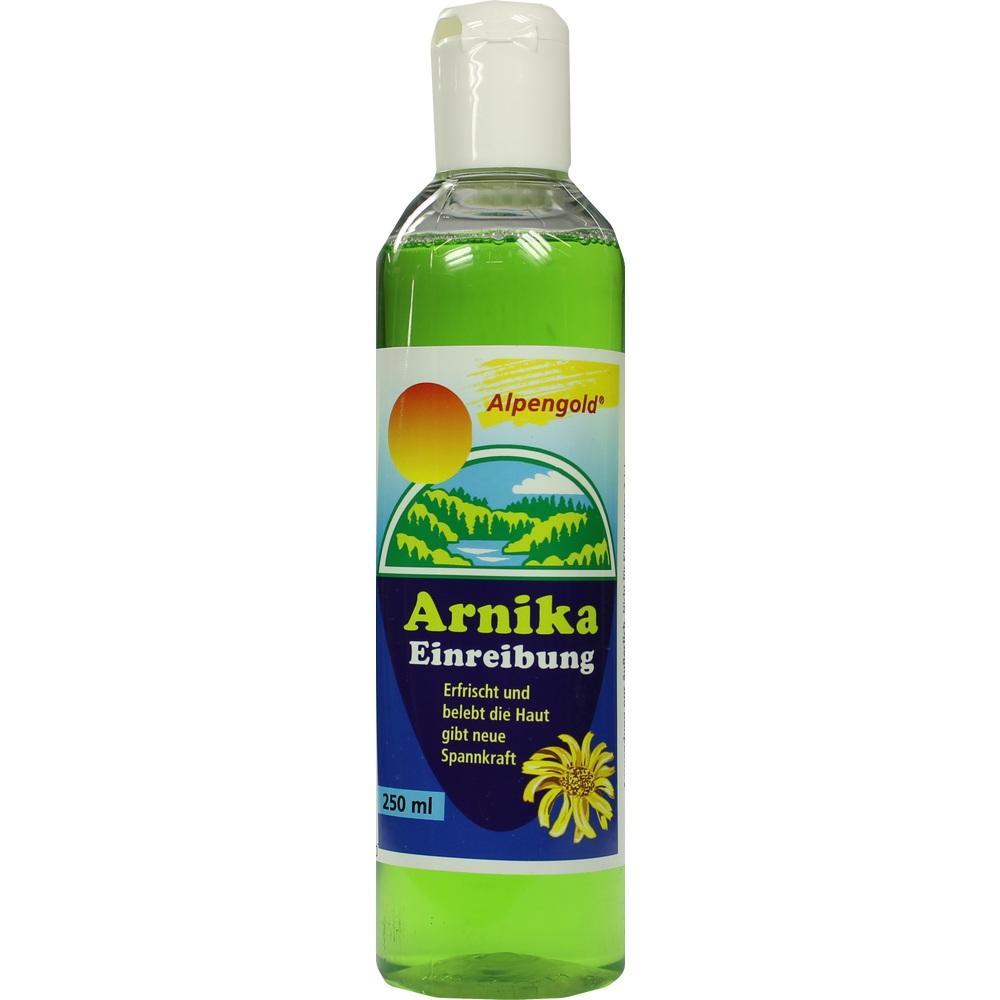 Eine grüne Flasche mit Arnika-Einreibung von Alpengold, 250 ml.