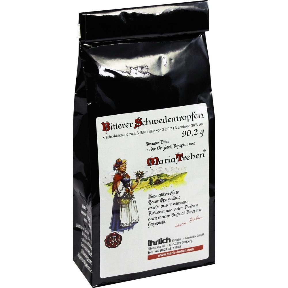 Schwarze Verpackung mit der Aufschrift "Bitterer Schwedenbitter" und Bild einer Frau in Tracht.