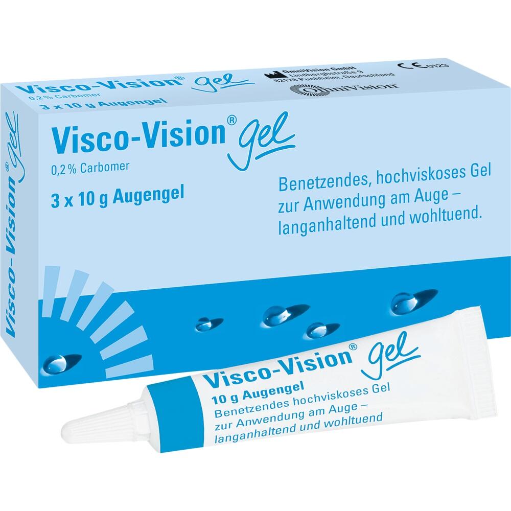 Eine blaue Schachtel mit einem Augengel namens "Visco-Vision".