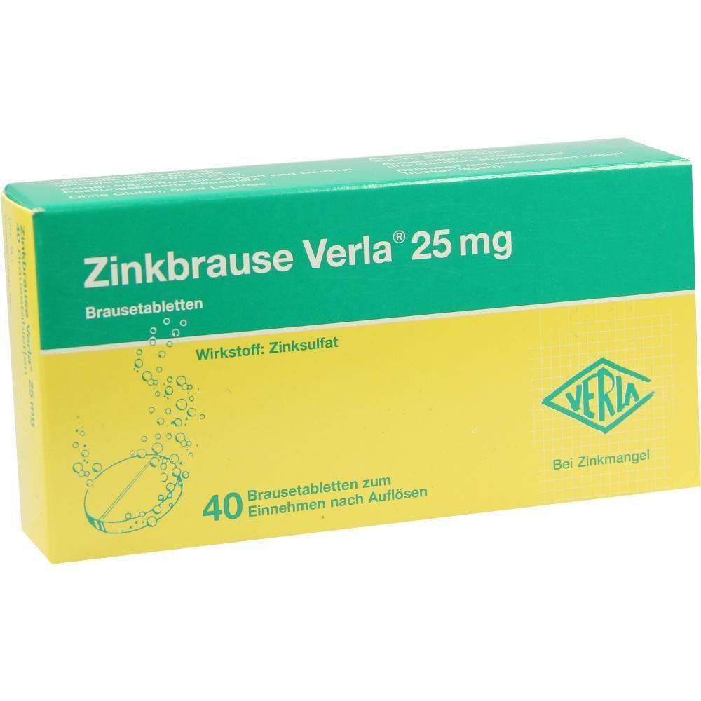 Grüne und gelbe Packung von Zinkbrause Verla 25 mg Brausetabletten.