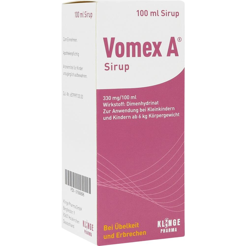 Verpackung von Vomex A Sirup gegen Übelkeit und Erbrechen.
