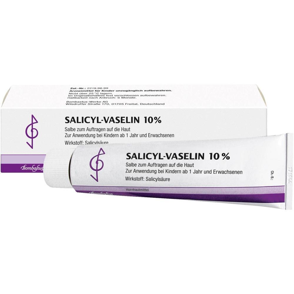 Weißer Karton mit einer Tube Salicyl-Vaselin 10% für die Haut.