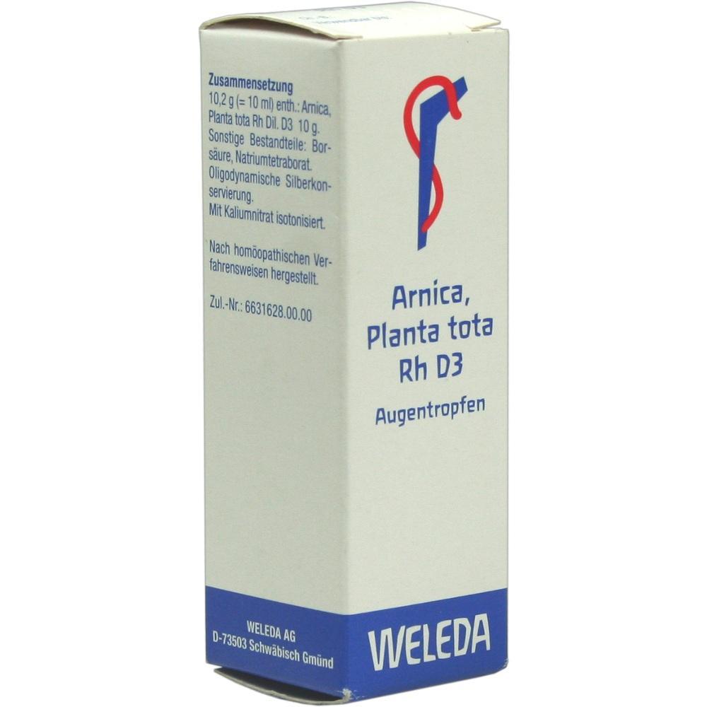 Ein weißer Karton mit blauer Aufschrift für Arnica-Augentropfen.