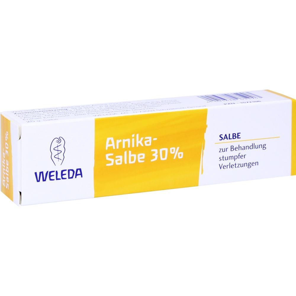 Gelbe Schachtel mit der Aufschrift "Arnika-Salbe 30%" und "WELEDA".