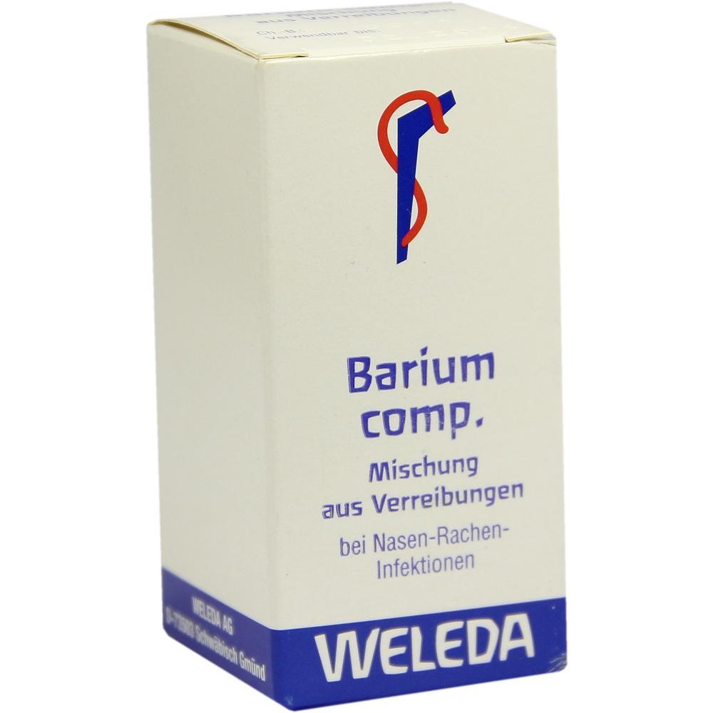 Weiße Verpackung mit blauem Text "Barium comp." von Weleda für Infektionen.
